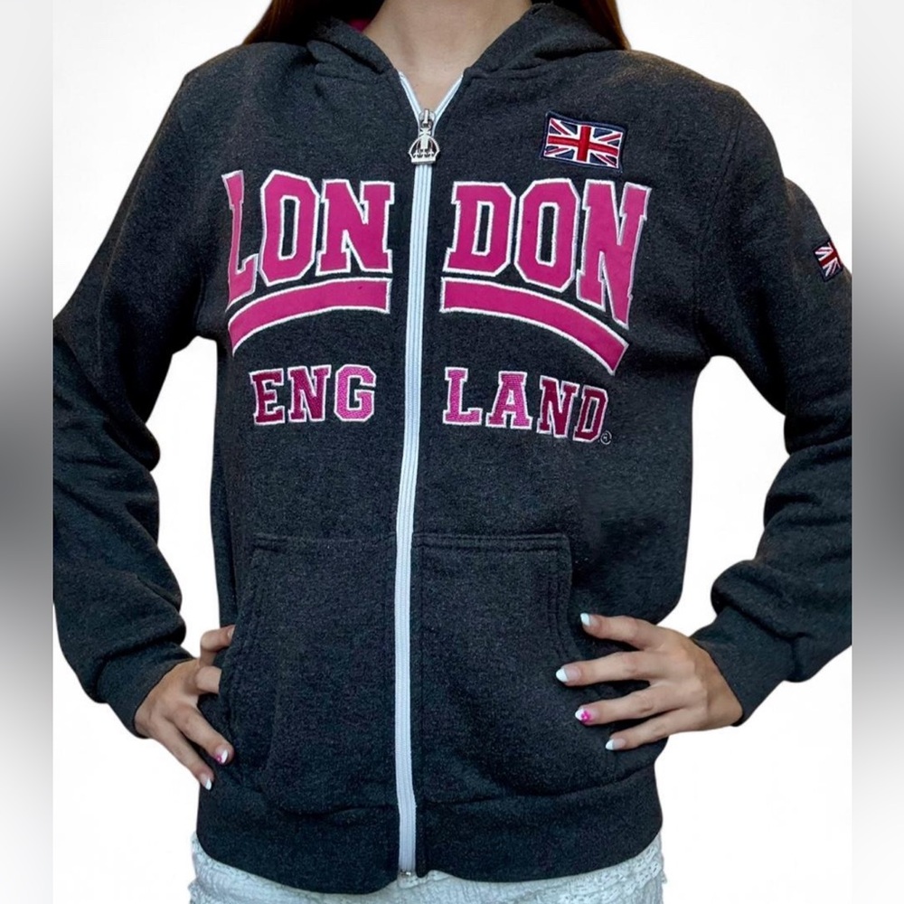London England Dark Gray Zip Hoodie with Pink Lettering